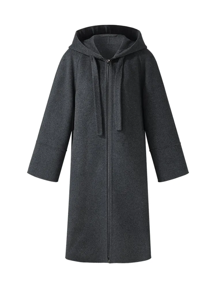 100% Wool Double-Faced Hooded Zip-Up Women Overcoat