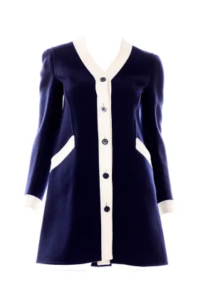 1960s Valentino Navy Blue Wool Vintage Dress w/ White Trim