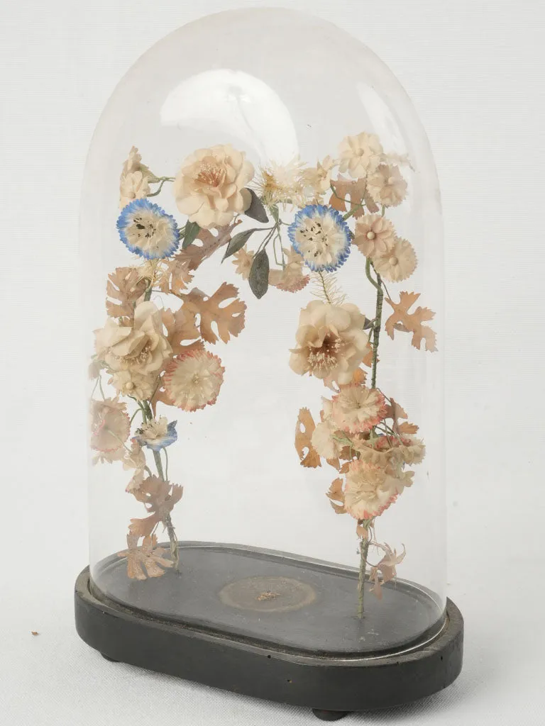 19th-Century Floral Display Under Glass Dome 14½"