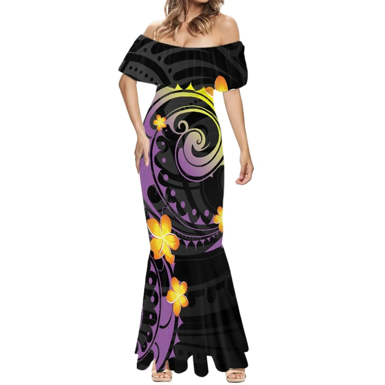 1pc Customized Hawaiian Print Women's 2024 Summer Dress Off The Shoulder Short Sleeve Shawl Casual Party Bodycon Mixi Dresses