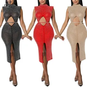 2024 New Summer See Through Mesh Diamonds For Women Birthday Sexy Club Party Spilt Dresses