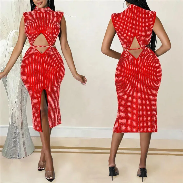 2024 New Summer See Through Mesh Diamonds For Women Birthday Sexy Club Party Spilt Dresses