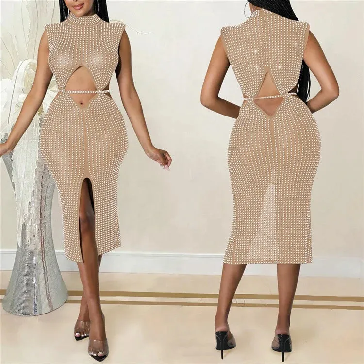 2024 New Summer See Through Mesh Diamonds For Women Birthday Sexy Club Party Spilt Dresses