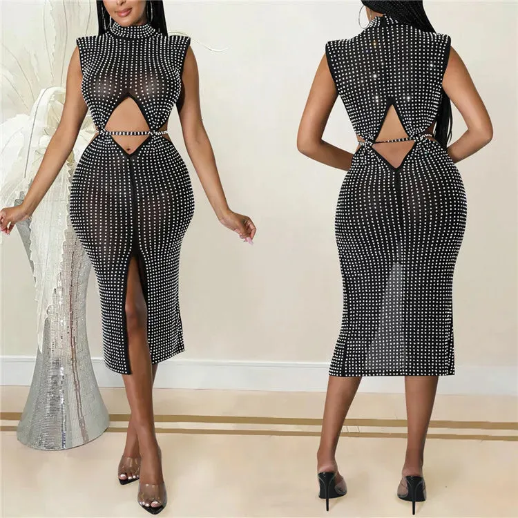 2024 New Summer See Through Mesh Diamonds For Women Birthday Sexy Club Party Spilt Dresses