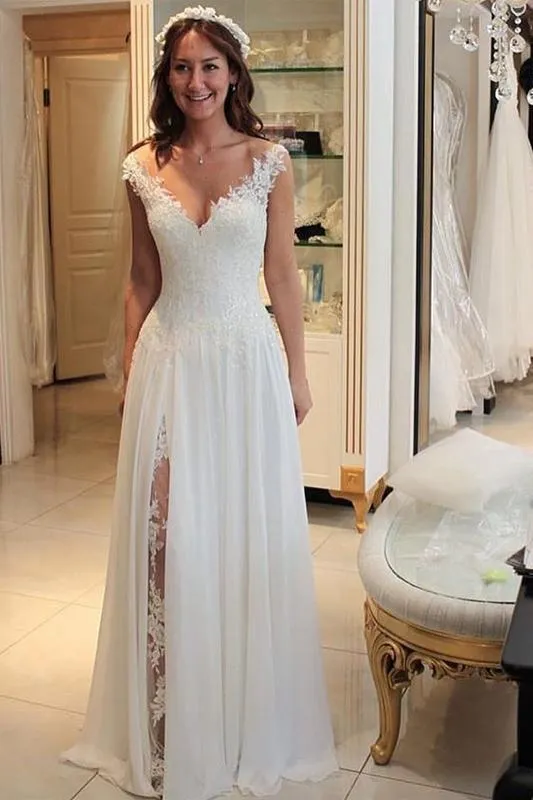 A Line Chiffon Beach Long Flowy Lace Wedding Dress