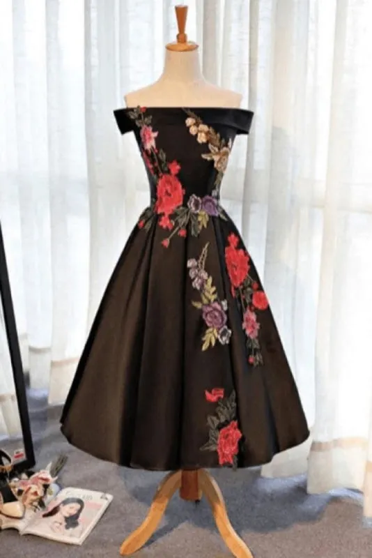 A Line Off Shoulder Black Ankle Length Satin Prom Dresses with Appliques