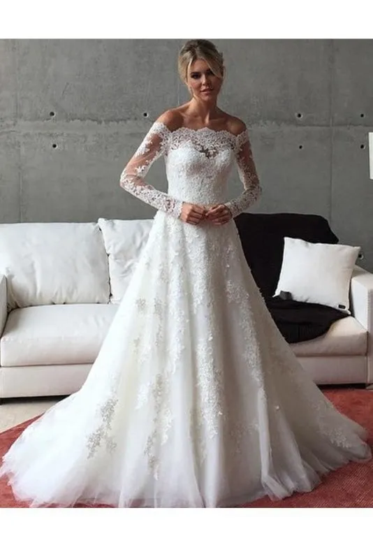 A Line Off the Shoulder Long Sleeves Sweep Train Wedding Dress