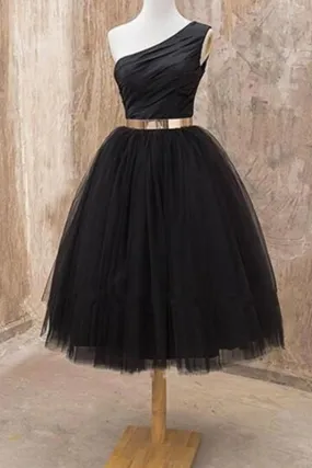 A Line One Shoulder Black Tulle Tea Length Homecoming with Belt Short Prom Dresses