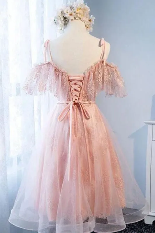 A Line Pink Tulle Lace Homecoming Dress Cute Short Prom Gown with Pearls