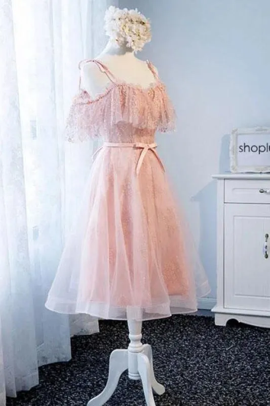 A Line Pink Tulle Lace Homecoming Dress Cute Short Prom Gown with Pearls