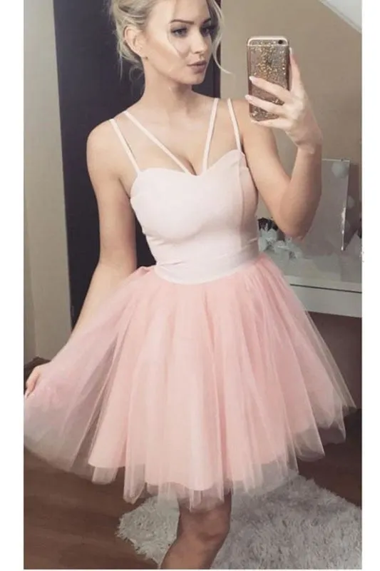 A Line Sexy Straps Pink Homecoming Cute Short Tulle Prom Dress