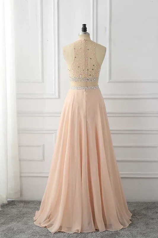 A Line Sleeveless with Rhinestone Cheap Chiffon Long Prom Dress