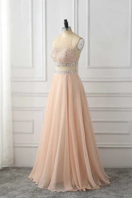 A Line Sleeveless with Rhinestone Cheap Chiffon Long Prom Dress