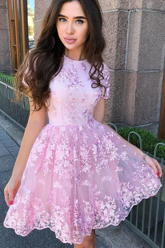 A Line Sleeves Short Pink Homecoming Dresses with Lace Appliques