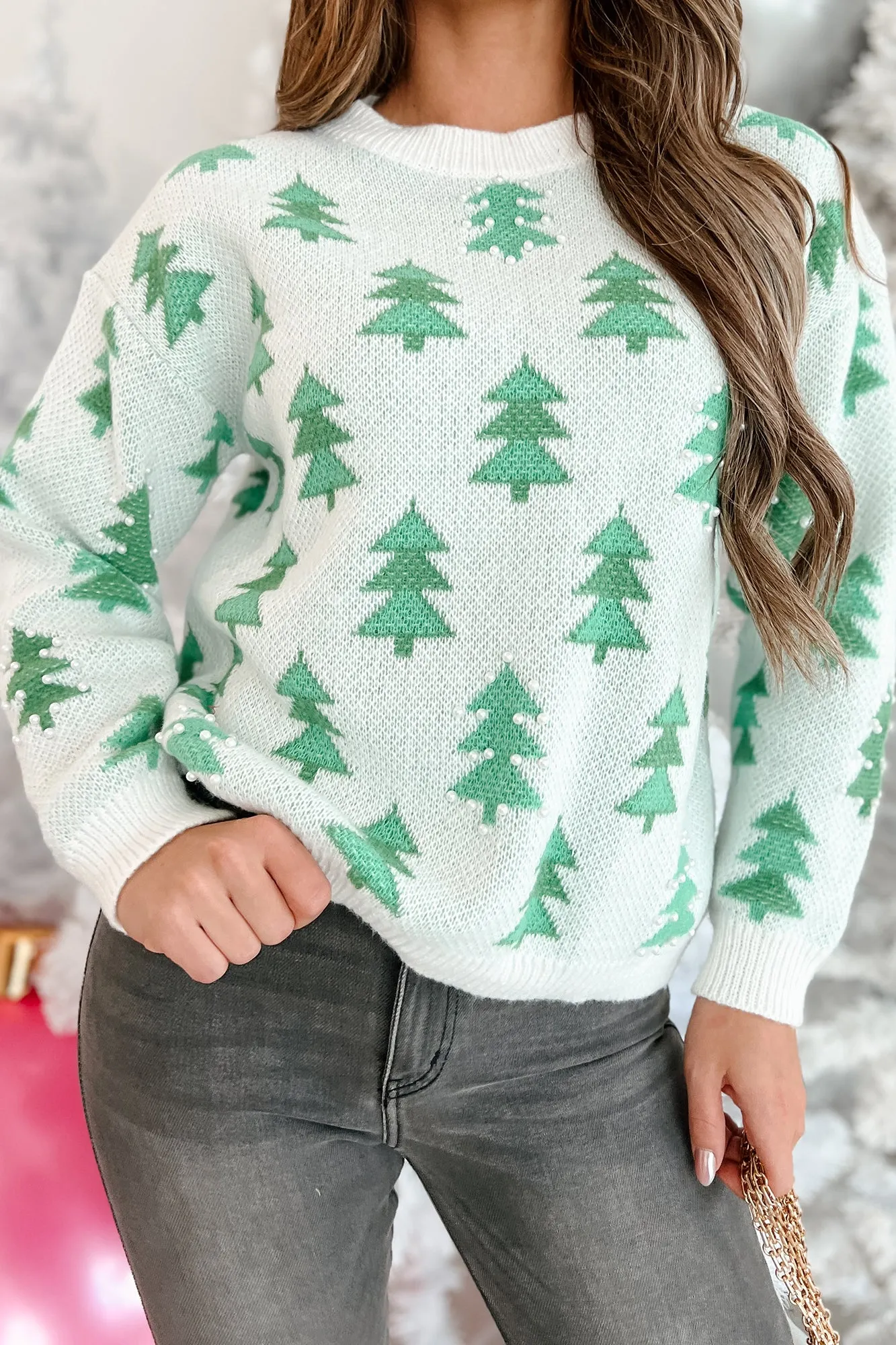 A Tree-mendous Christmas Pearl Beaded Holiday Sweater (Ivory/Green)