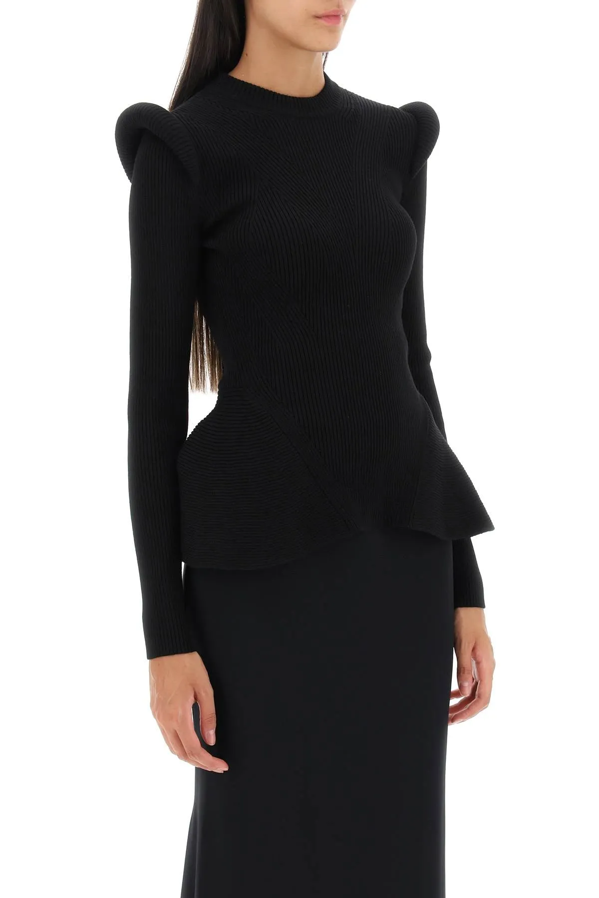 ALEXANDER MCQUEEN Black Ribbed Peplum Sweater for Women