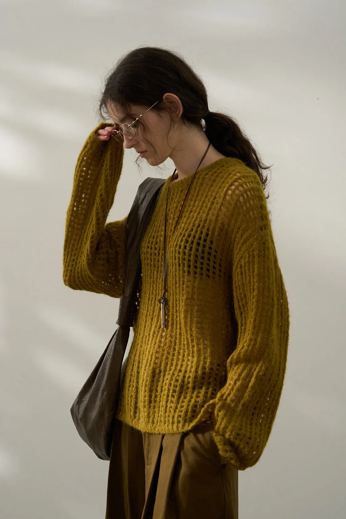 Alpaca blend openwork spacious sweater | 3 color