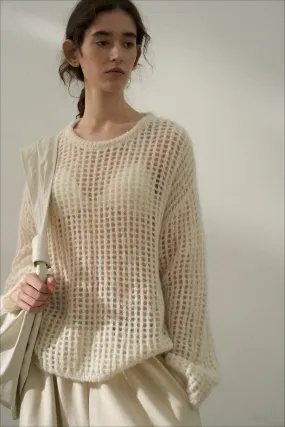 Alpaca blend openwork spacious sweater | 3 color