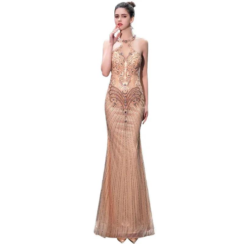 arwen &ajh مجموعة أروين Dress Lady Party Champagne evening Sexy Halter Bead Sequin Mermaid Off Shoulder Evening Dress