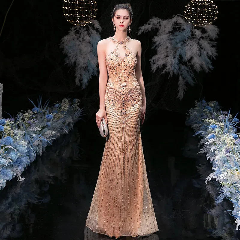 arwen &ajh مجموعة أروين Dress Lady Party Champagne evening Sexy Halter Bead Sequin Mermaid Off Shoulder Evening Dress