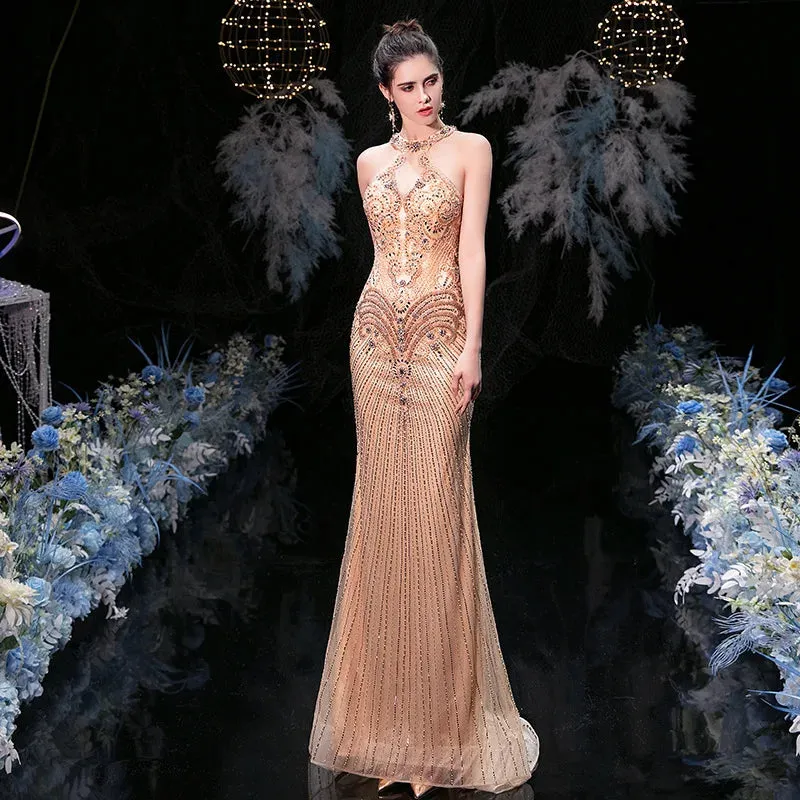 arwen &ajh مجموعة أروين Dress Lady Party Champagne evening Sexy Halter Bead Sequin Mermaid Off Shoulder Evening Dress