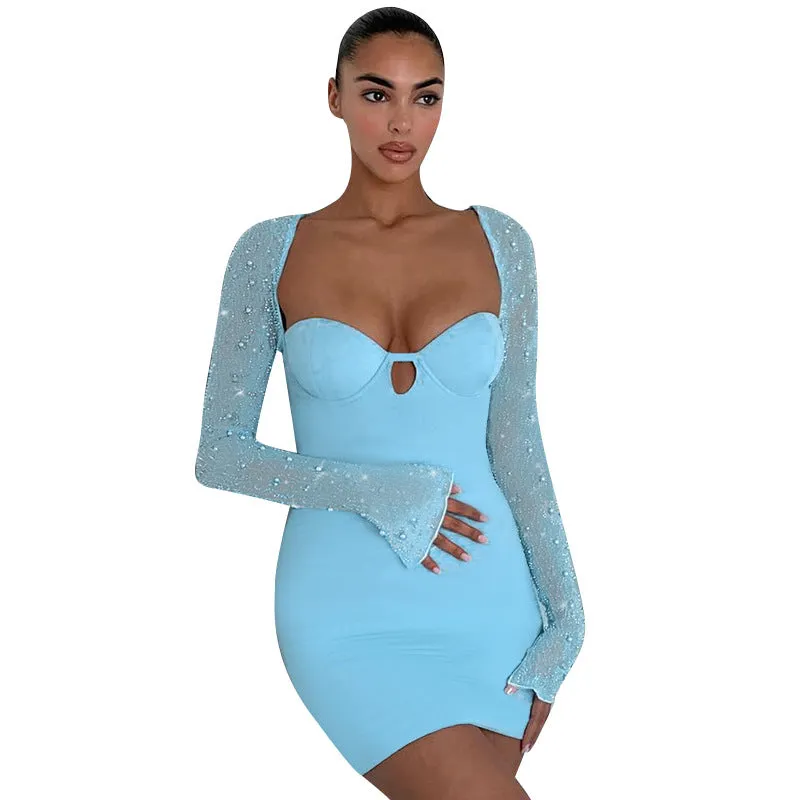 Autumn Diamond Pearl Sexy Strapless Ruched Mini Dress For Women Long Sleeve Bodycon Club Party Dresses