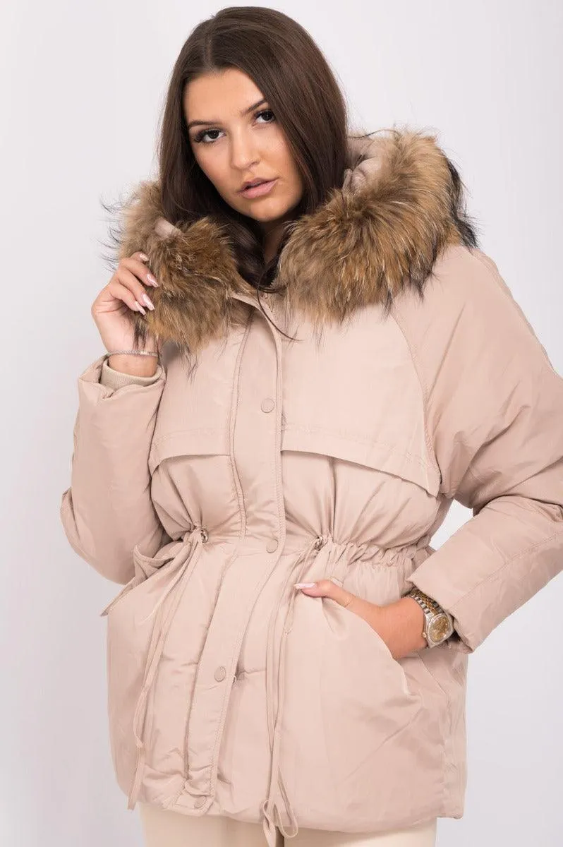 Beige Luxury Fur Padded Stopper Drawstring Coat