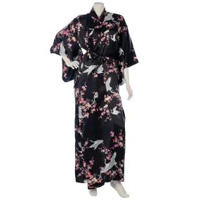 Black Crane and Pink Blossom Long Silk Kimono