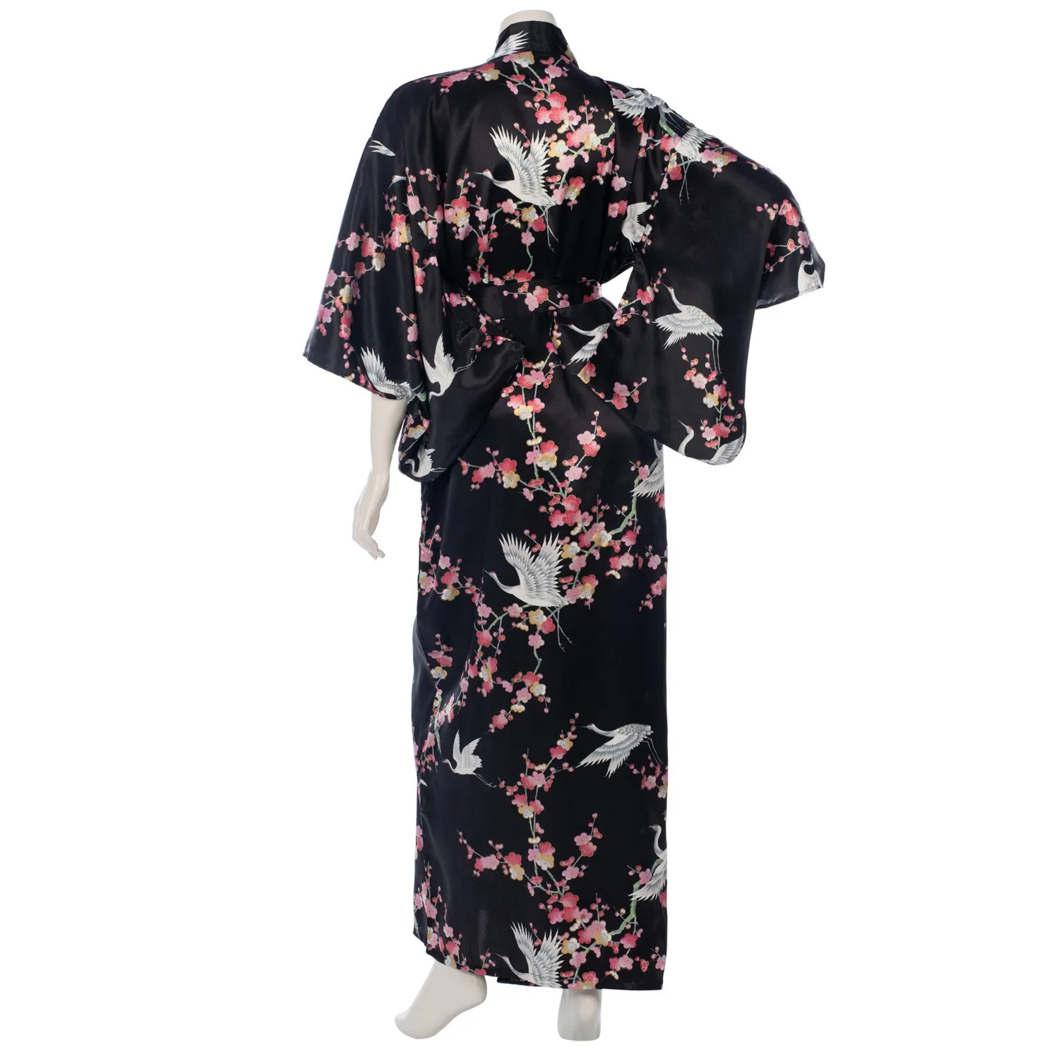 Black Crane and Pink Blossom Long Silk Kimono