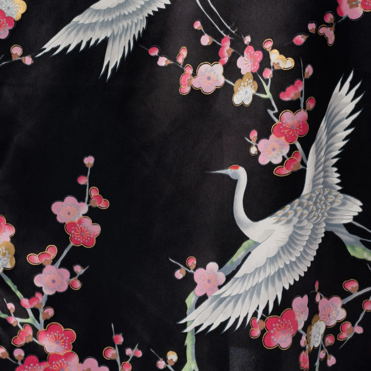 Black Crane and Pink Blossom Long Silk Kimono