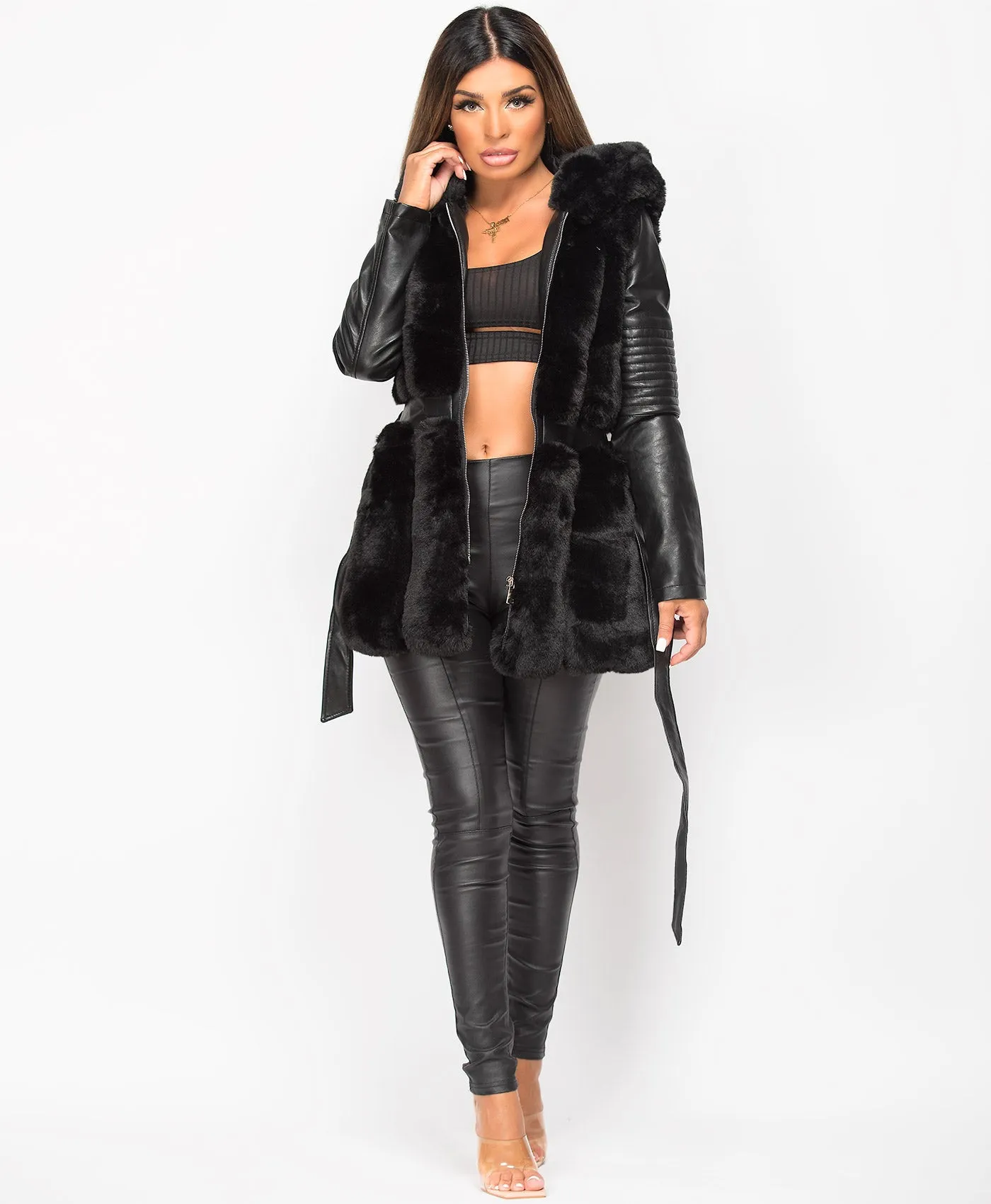 Black PU PVC Faux Leather Fur Trim Hooded Coat Jacket