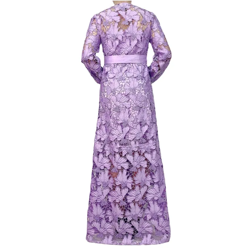 C165-3 Women cut out embroidery long sleeves waist-tie evening maxi robe dress