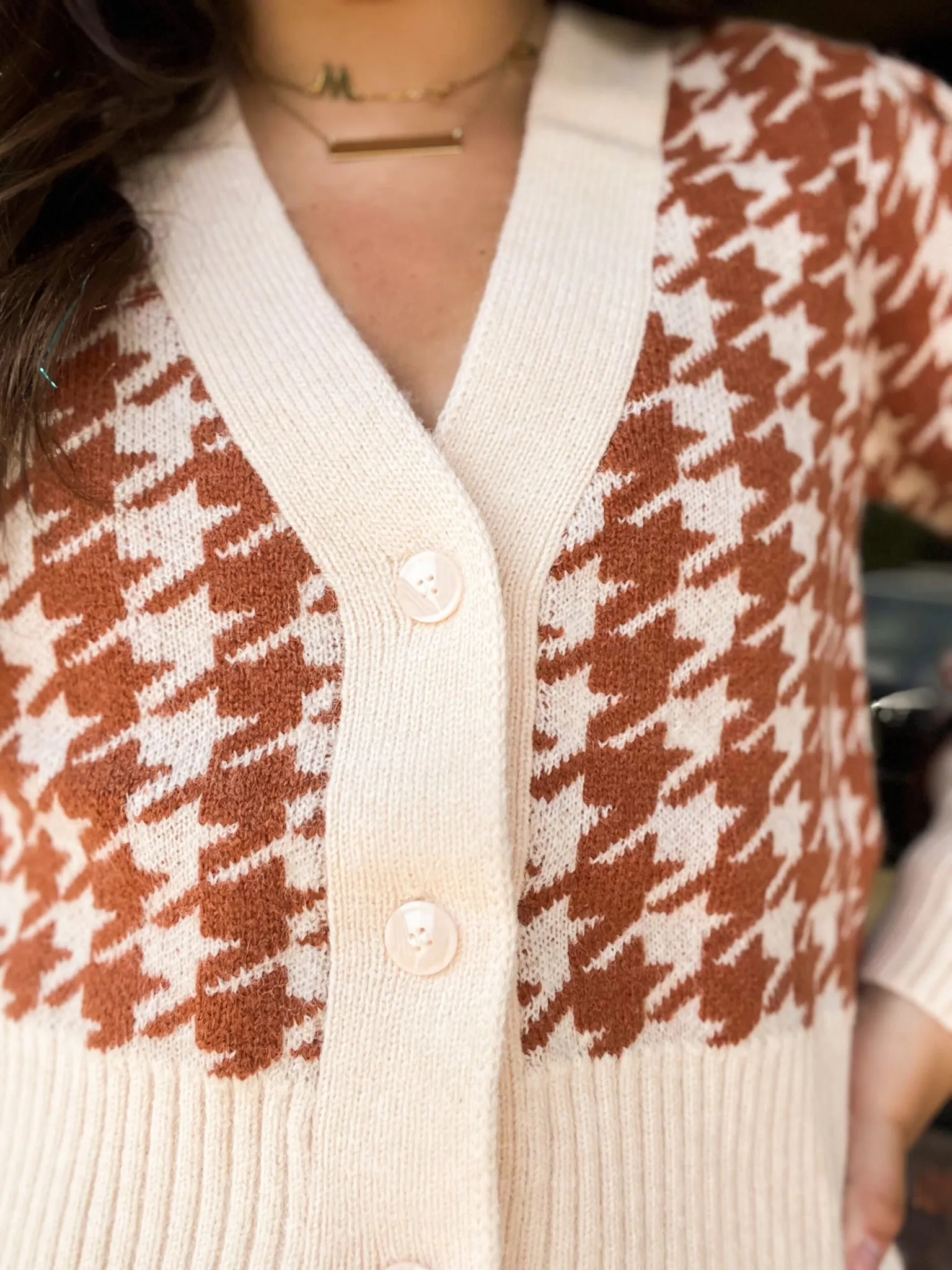 Camel Houndstooth Long Sleeve Sweater