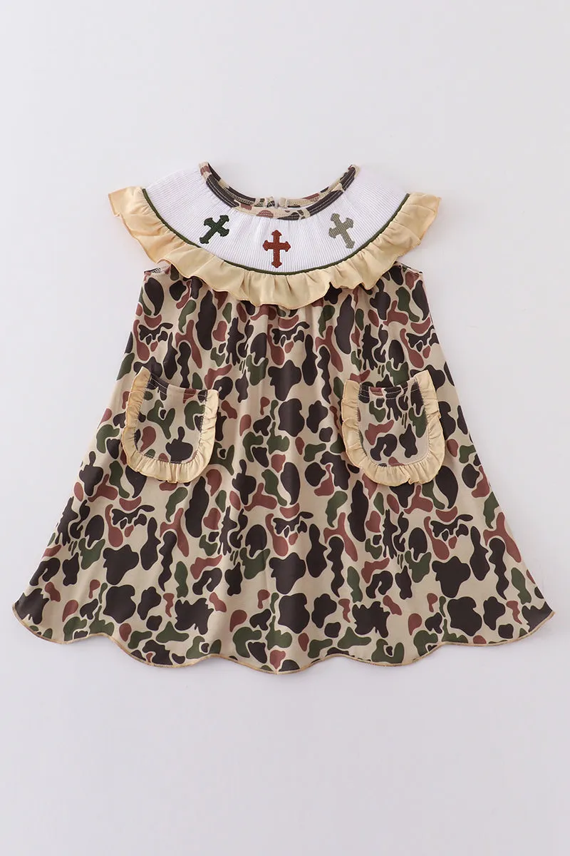 Camouflage easter cross embroidery smocked girl dress