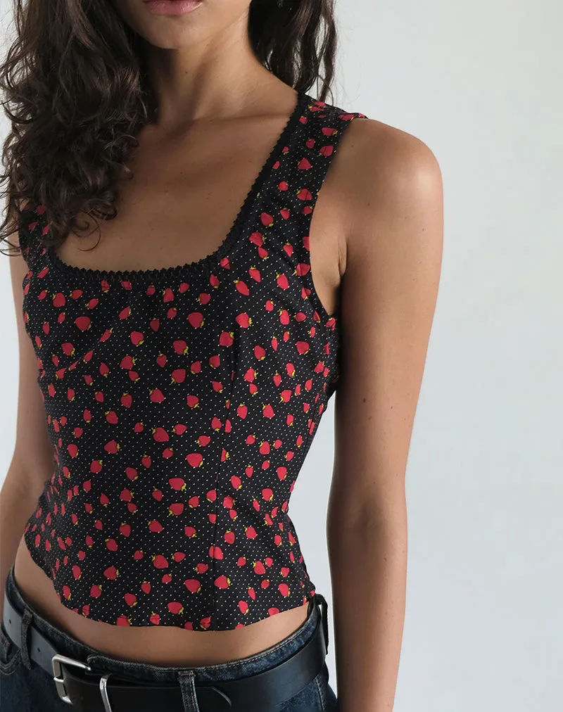 Carys Vest Top in Strawberry Polka Black