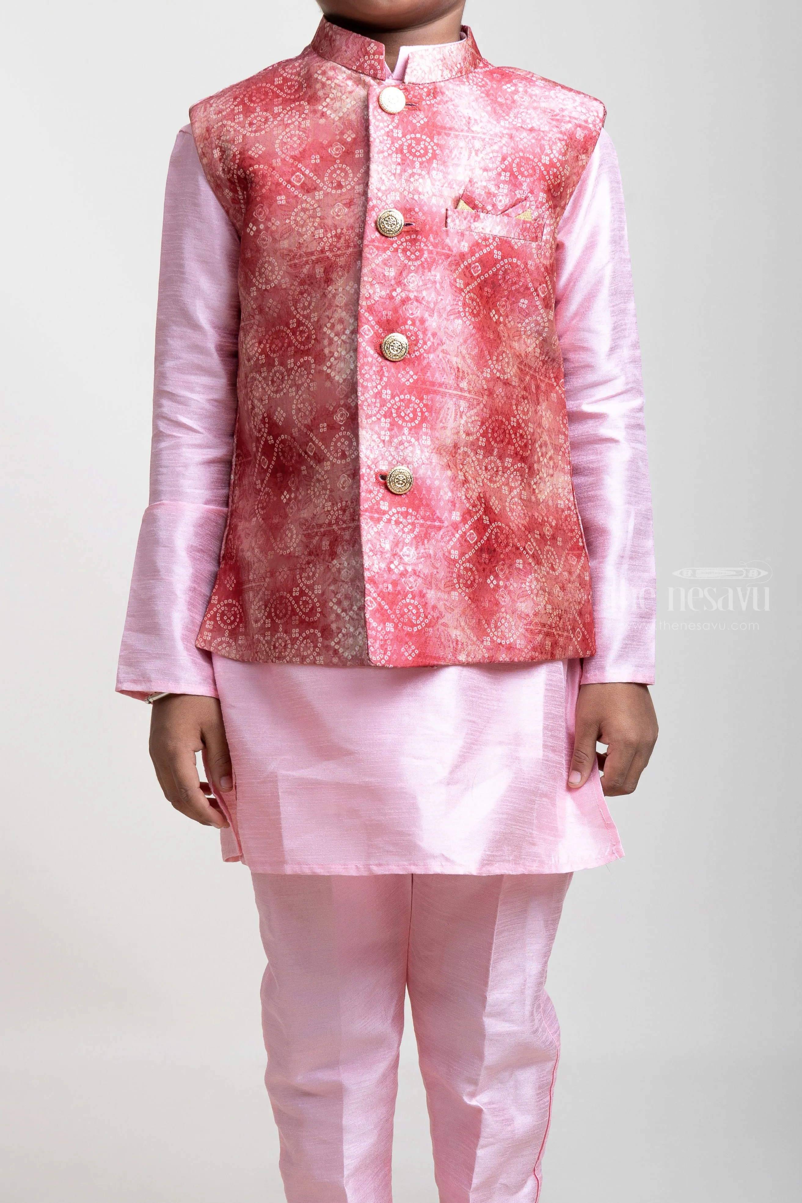 Charming Pink Three Piece Cotton Kurta Set With Designer Overcoat For Boys