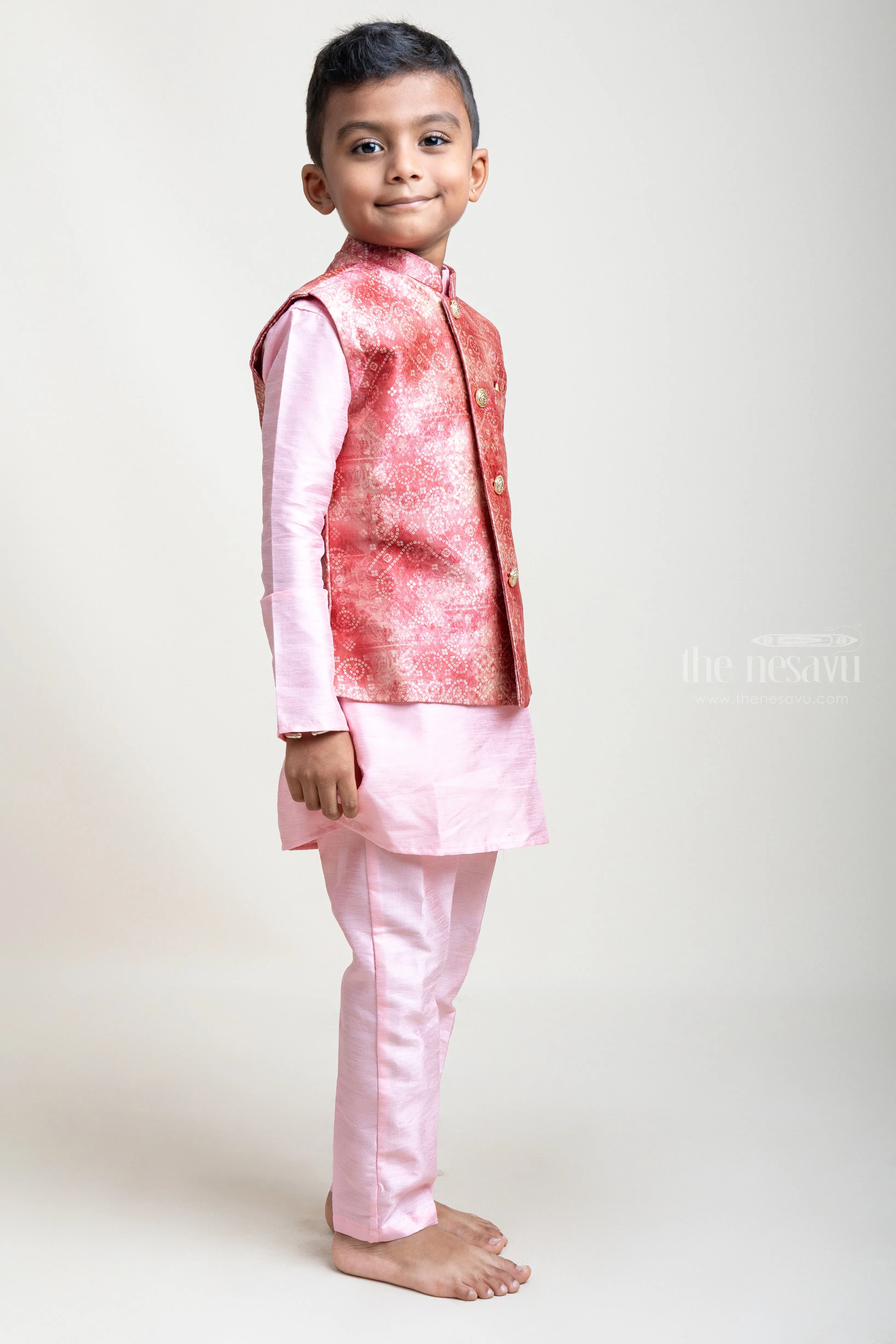 Charming Pink Three Piece Cotton Kurta Set With Designer Overcoat For Boys