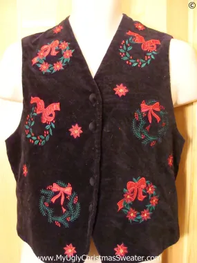 Cheap Black Velvety Christmas Vest with Wreaths