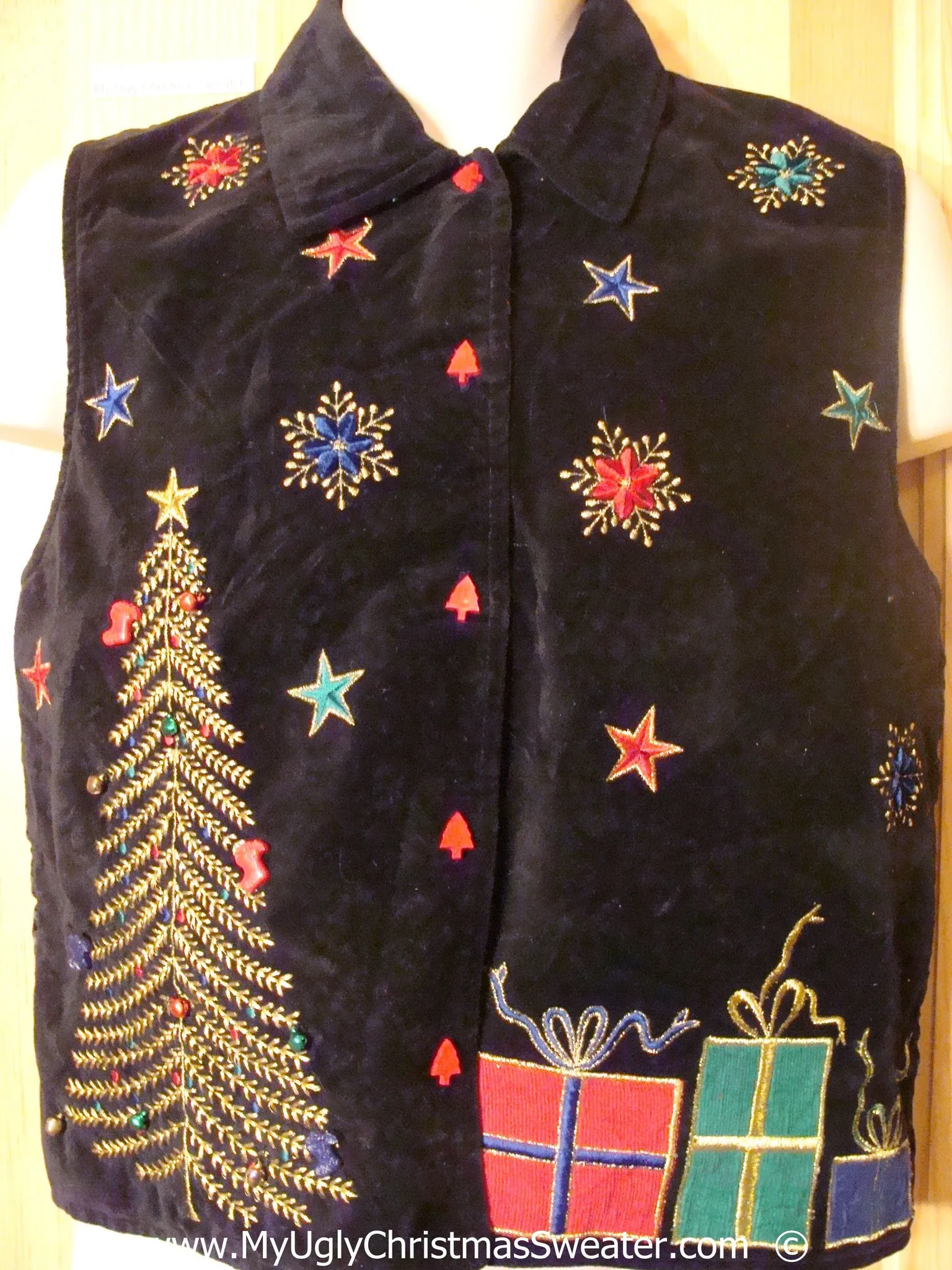 Cheesy Christmas Velvety Vest with Huge Tree and Gifts