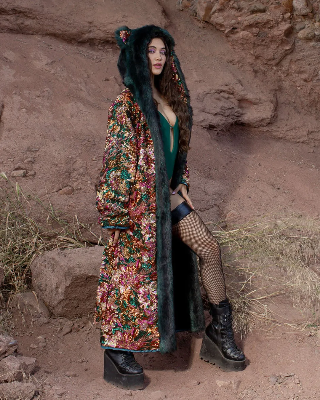 Classic Women's Long Sequin Coat | Oasis Emerald Green