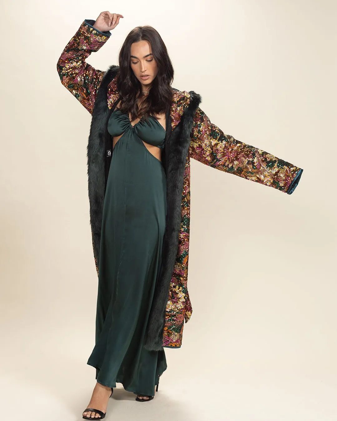 Classic Women's Long Sequin Coat | Oasis Emerald Green