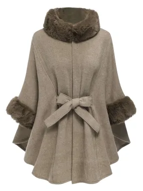 Coffee 1940s Faux Fur Collar Batwing Coat