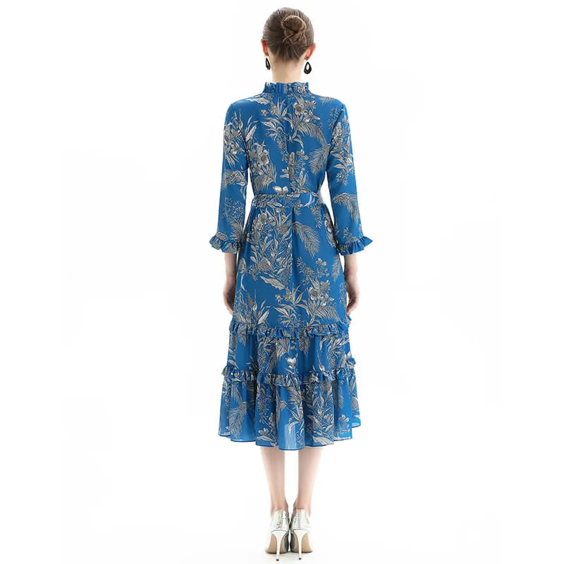 D083 Women floral print three-quarter sleeves ruffle detailing tiered midi wrap dress