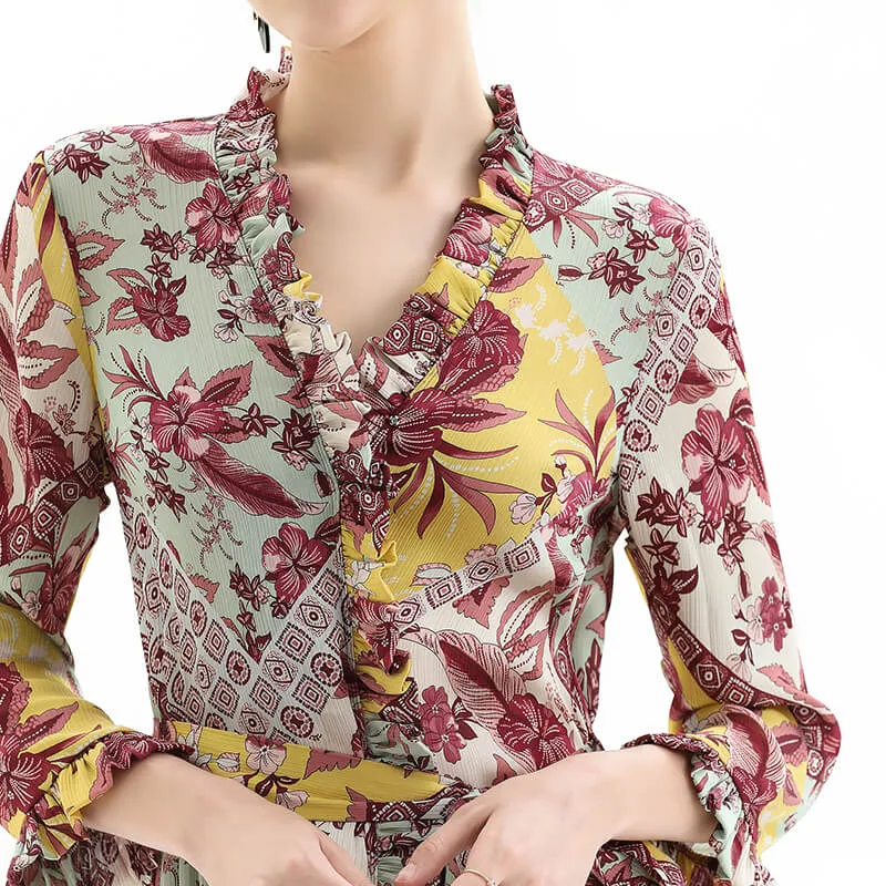 D083 Women floral print three-quarter sleeves ruffle detailing tiered midi wrap dress