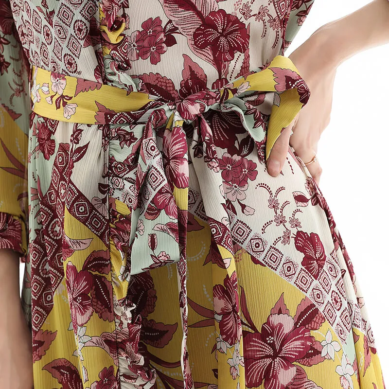 D083 Women floral print three-quarter sleeves ruffle detailing tiered midi wrap dress