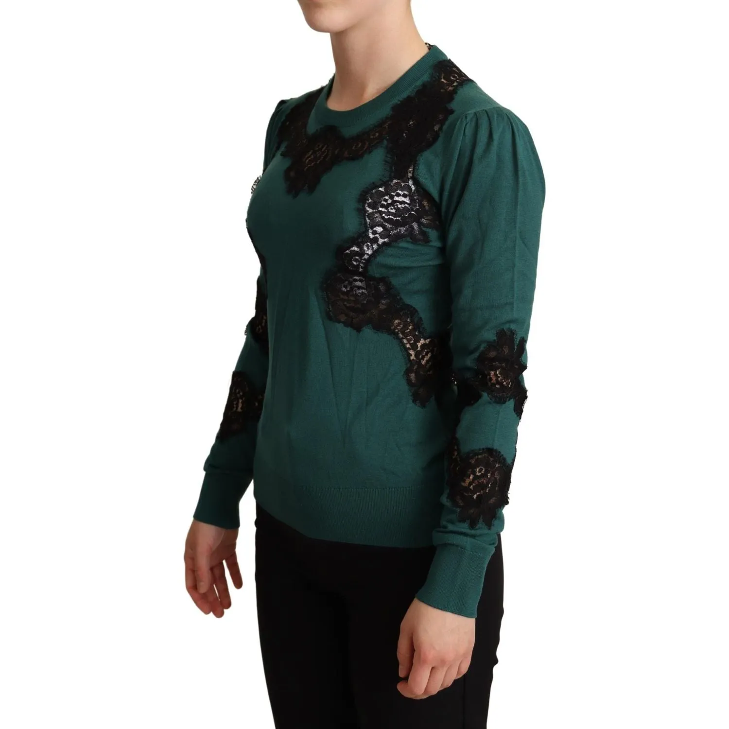 Dolce & Gabbana Elegant Green Pullover with Black Lace Detail