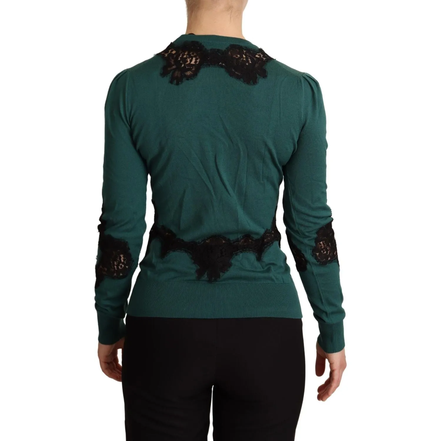 Dolce & Gabbana Elegant Green Pullover with Black Lace Detail