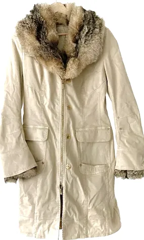 ERMANNO SCERVINO  ITALY Vintage Beige Cotton, Polyurethane Coat Fur Trim