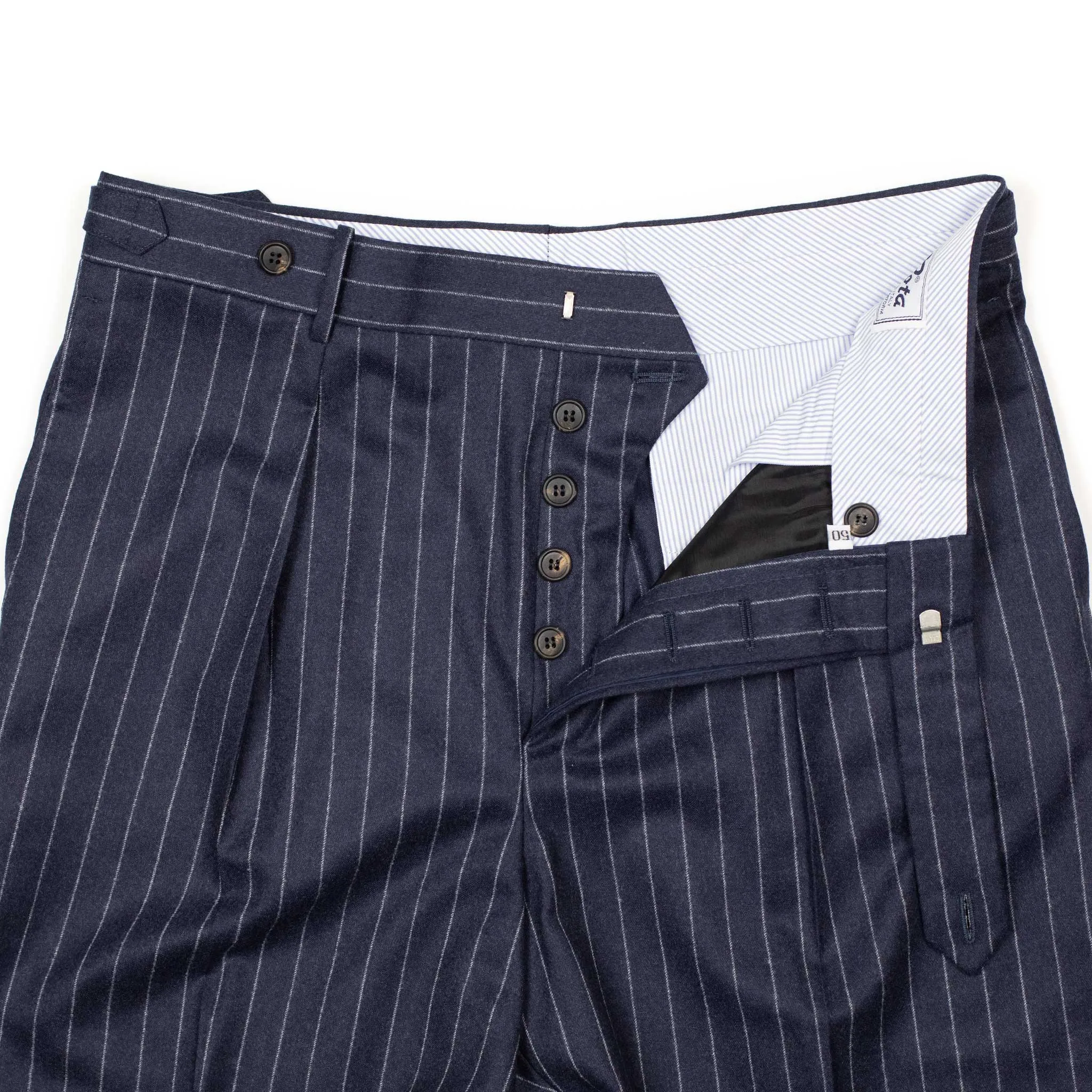 Exclusive Westside side-tab pleated high-rise wide trousers in navy chalk stripe wool