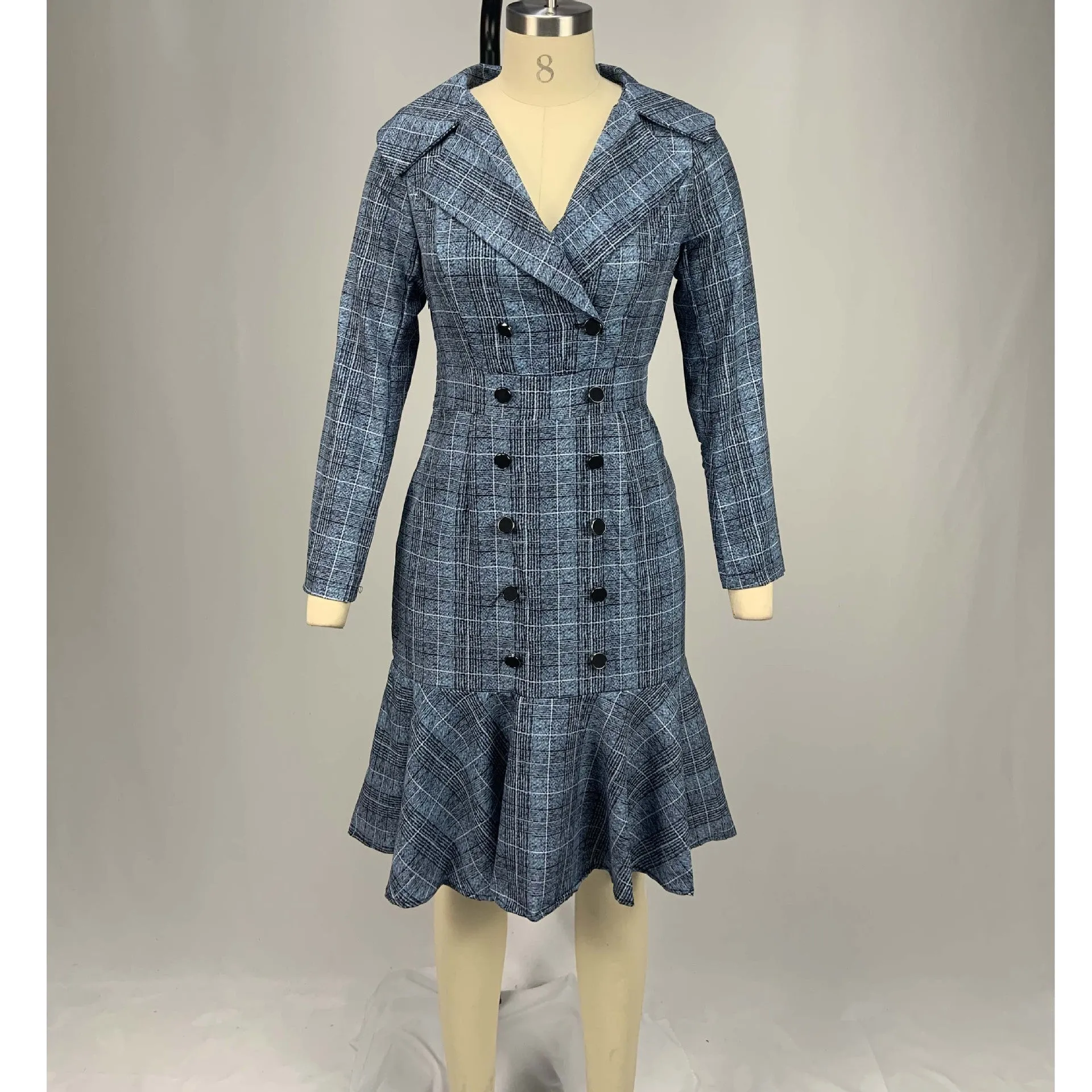 Fashion double-breasted plaid commuter dress women